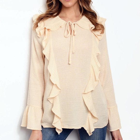 NEW Cream Cotton Gauzy Peter Pan Collar Ruffle Top - Picture 3 of 8